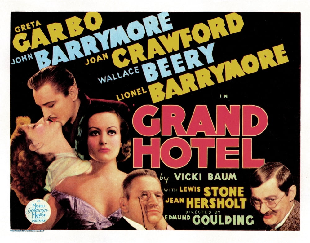 Grand Hotel Movie Poster Print featuring Greta Garbo, Joan Crawford, and Lionel Barrymore.