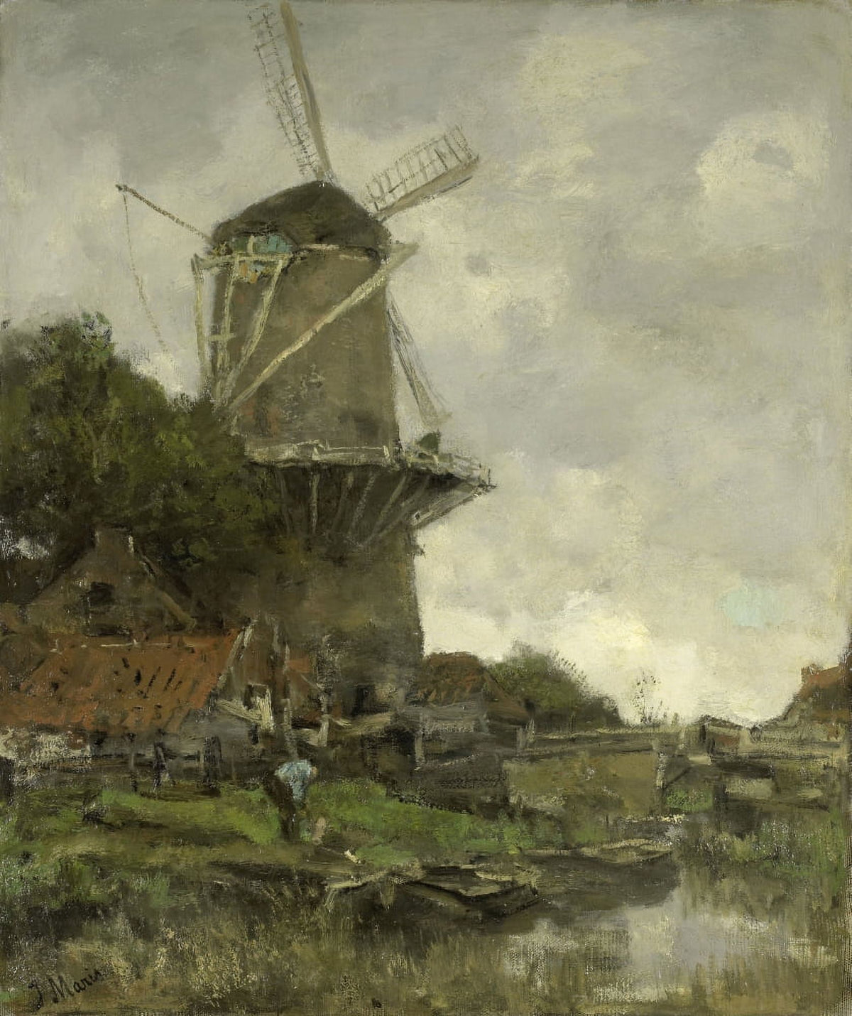 The Windmill by Jacob Maris oil painting poster print featuring a windmill, houses, and trees by a canal.