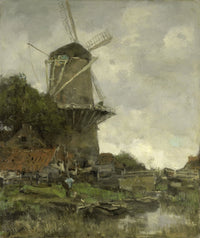 The Windmill by Jacob Maris oil painting poster print featuring a windmill, houses, and trees by a canal.