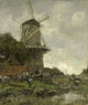 The Windmill by Jacob Maris oil painting poster print featuring a windmill, houses, and trees by a canal.