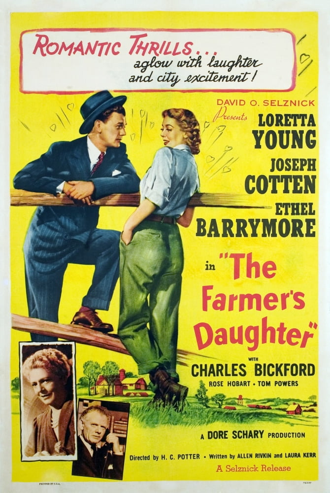 The Farmer's Daughter movie poster print featuring Joseph Cotton, Loretta Young, Charles Bickford, and Ethel Barrymore.