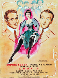 Lady L movie poster featuring Paul Newman, Sophia Loren, and David Niven, 1966.