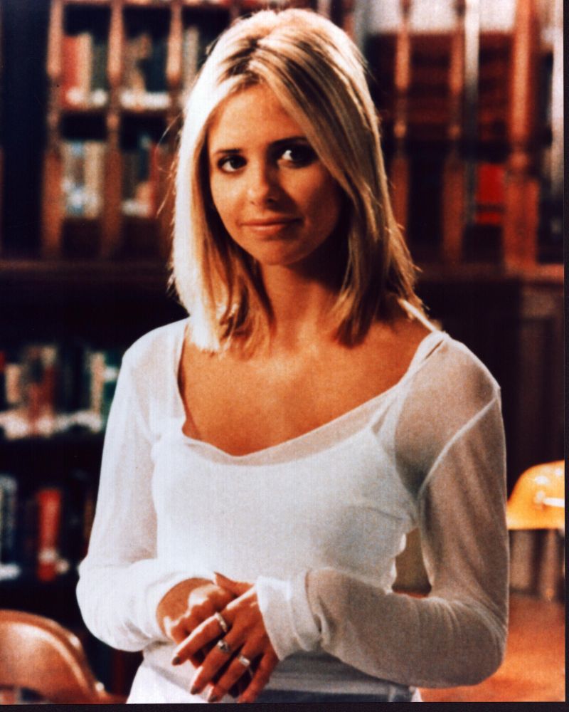 Sarah Michelle Gellar in a white sheer top from Buffy the Vampire Slayer photo print.