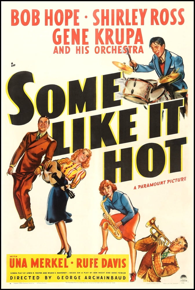 Some Like It Hot movie poster featuring Gene Krupa and Bob Hope, vibrant print for home decor.