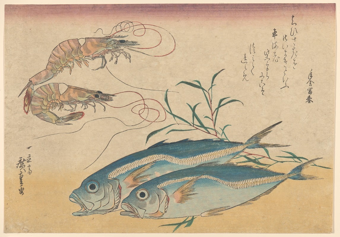 Kuruma Ebi Aji Prawns and Horse Mackerel Art Print by Ando Hiroshige
