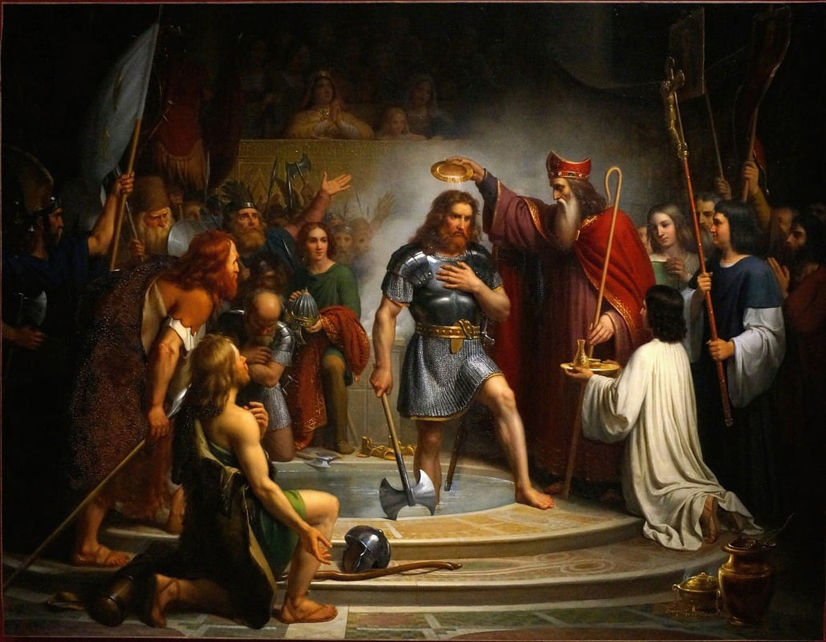 'The Baptism of Clovis' art print by François-Louis Dejuinne showcasing historical significance.