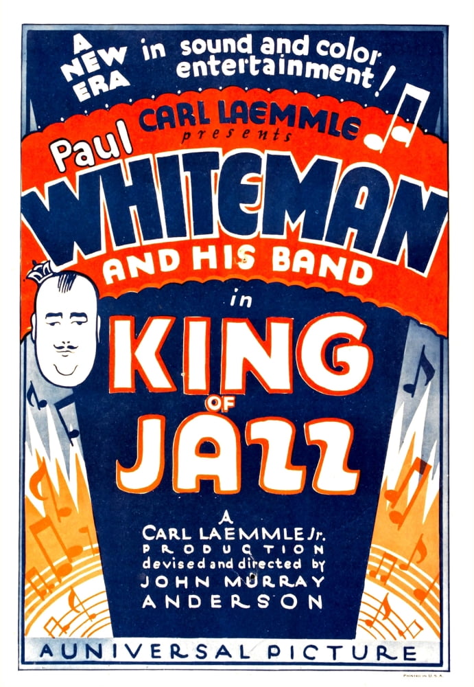 King of Jazz movie poster featuring Paul Whiteman window card from 1930, vintage film art.