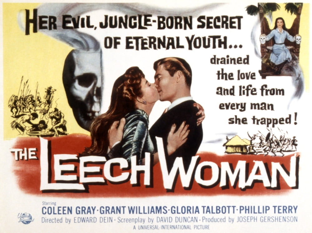 The Leech Woman movie masterprint featuring Coleen Gray and Grant Williams in a vintage style.