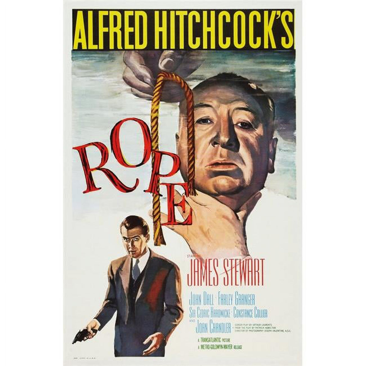 Rope movie masterprint poster featuring Alfred Hitchcock and James Stewart, 11x17