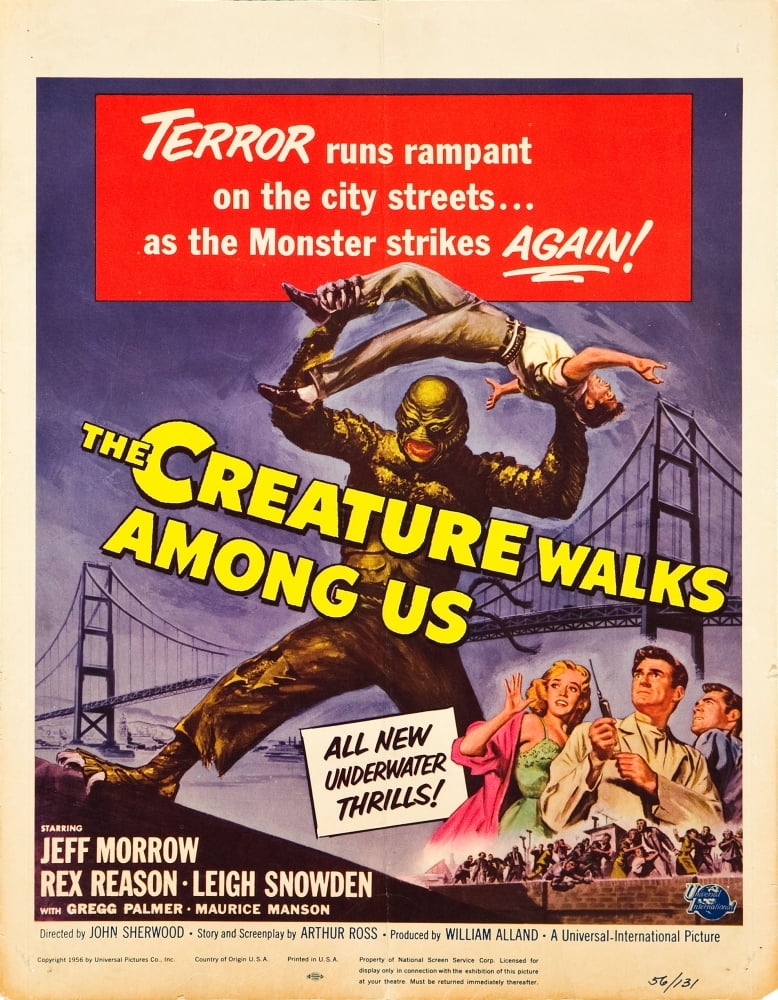 The Creature Walks Among Us movie poster print featuring Leigh Snowden, Jeff Morrow, and Rex Reason in classic horror film.