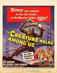 The Creature Walks Among Us movie poster print featuring Leigh Snowden, Jeff Morrow, and Rex Reason in classic horror film.