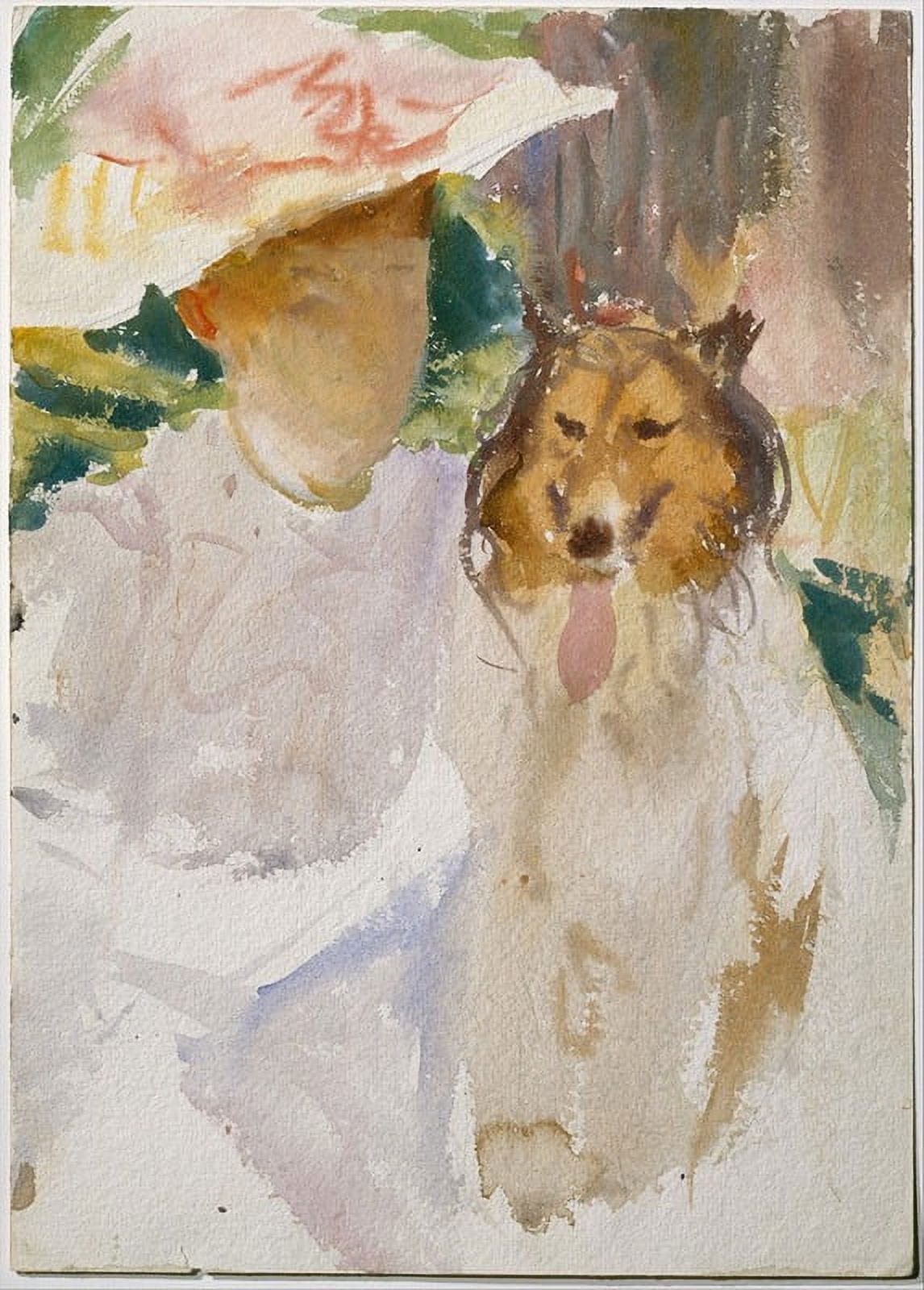 Woman with Collie art print by John Singer Sargent, showcasing a woman with her pet collie.