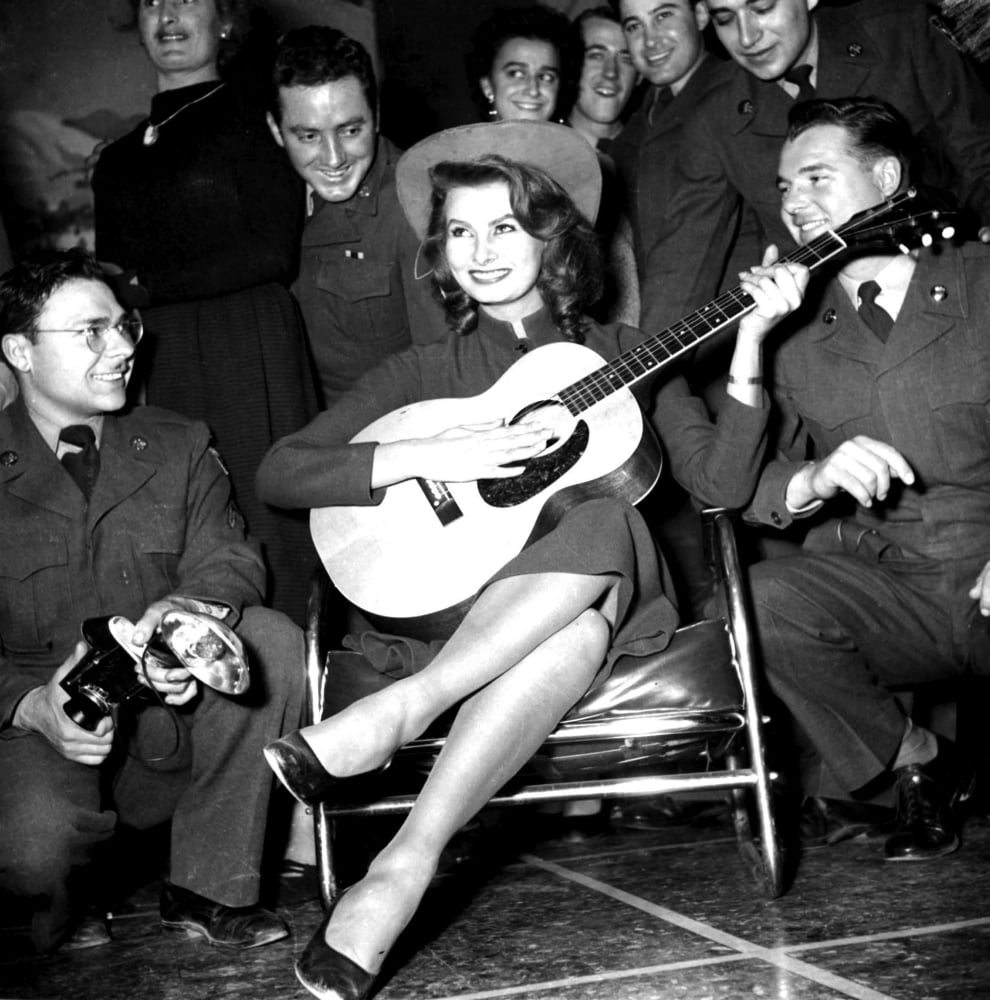 Sophia Loren playing a guitar photo print, elegant portrait