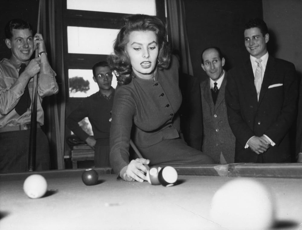 Sophia Loren playing pool photo print, classic cinema artwork.