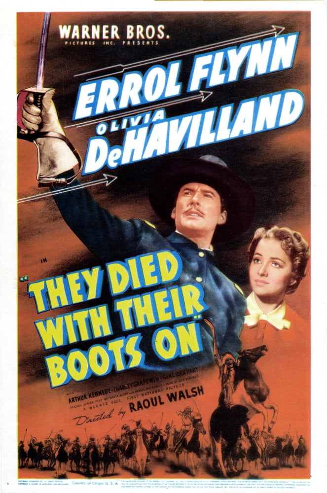 They Died With Their Boots On movie poster featuring Errol Flynn and Olivia De Havilland, 11x17 inches.