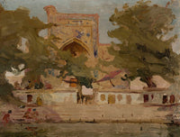 Old Bukhara mosque poster print by Jan Ciągliński depicting serene lake scenery.