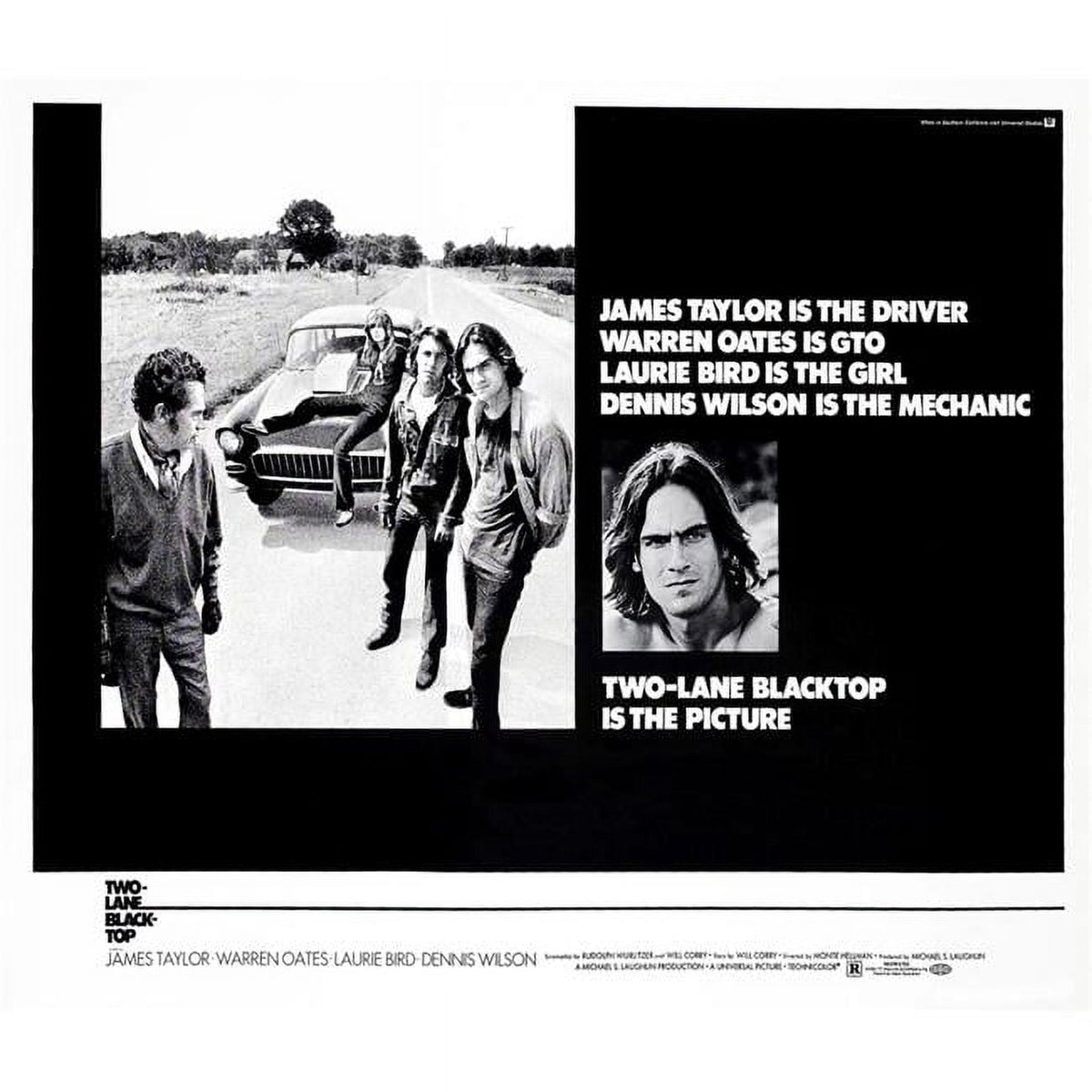 Two-Lane Blacktop Movie Masterprint Poster featuring Warren Oates, Laurie Bird, Dennis Wilson, and James Taylor