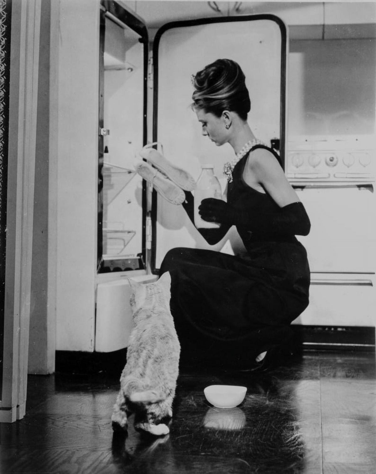 Audrey Hepburn holding ballet shoes and feeding the cat photo print