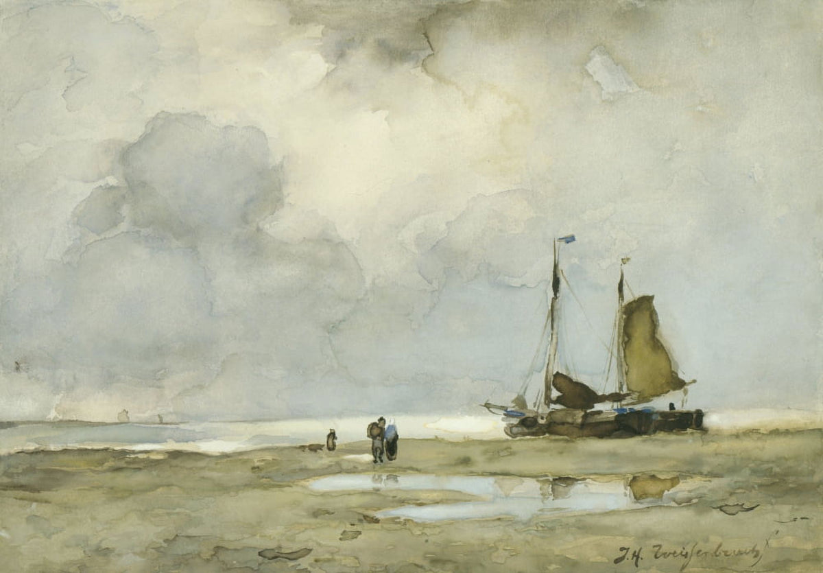 Beached Boat Poster Print by Johan Hendrik Weissenbruch - Dutch Watercolor Painting