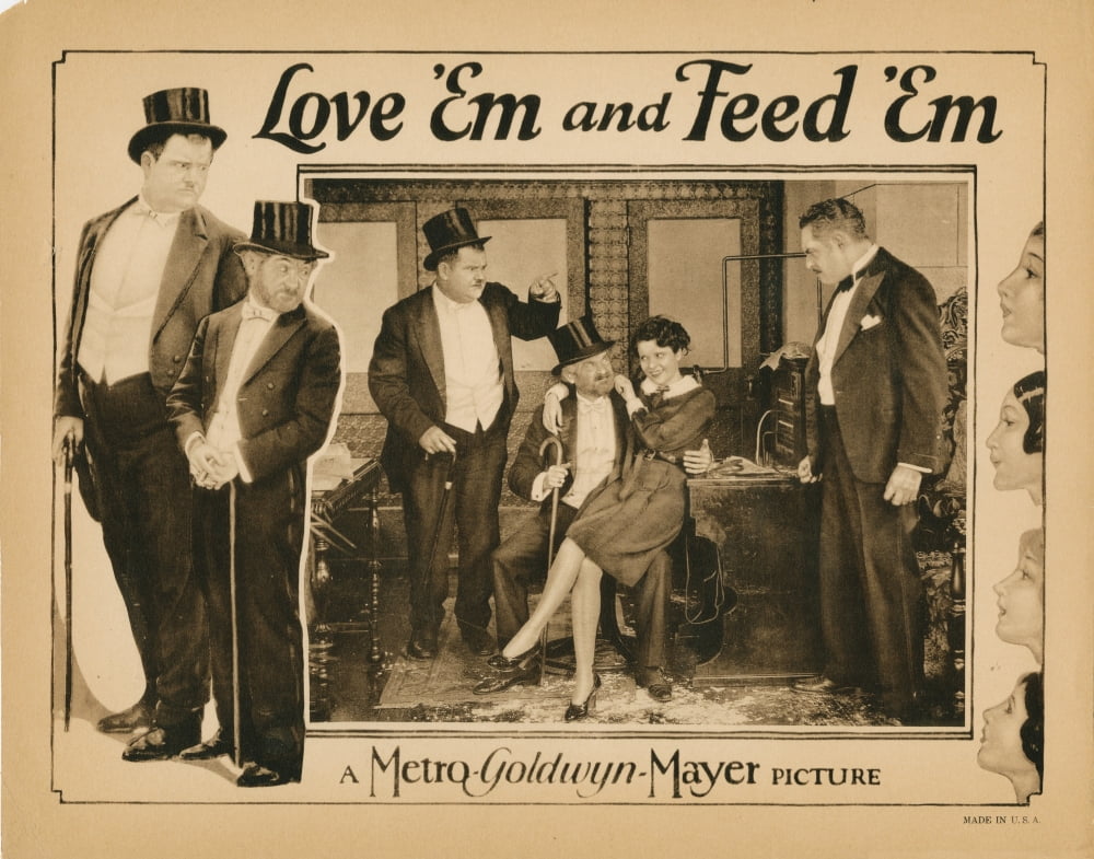 Love Feed 'Em lobby card poster print featuring Oliver Hardy, Max Davidson, and Viola Richard.