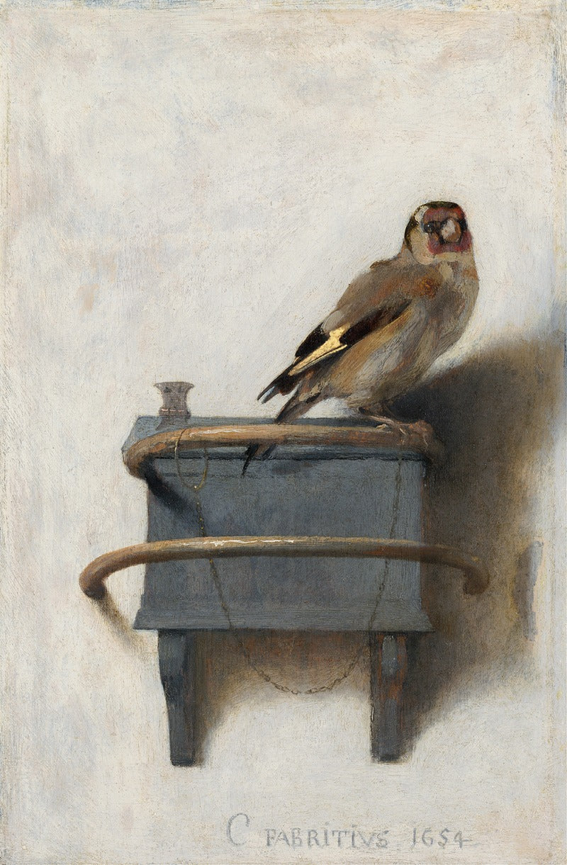 The Goldfinch art print by Carel Fabritius featuring vibrant colors and intricate details.