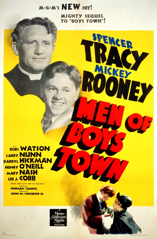 Men of Boys Town movie poster print featuring Spencer Tracy and Mickey Rooney, 1941 classic film.