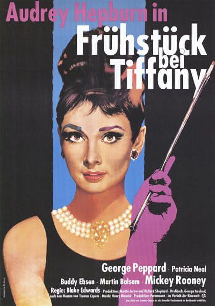 Breakfast At Tiffany's movie poster print featuring Audrey Hepburn in a classic cinematic scene.