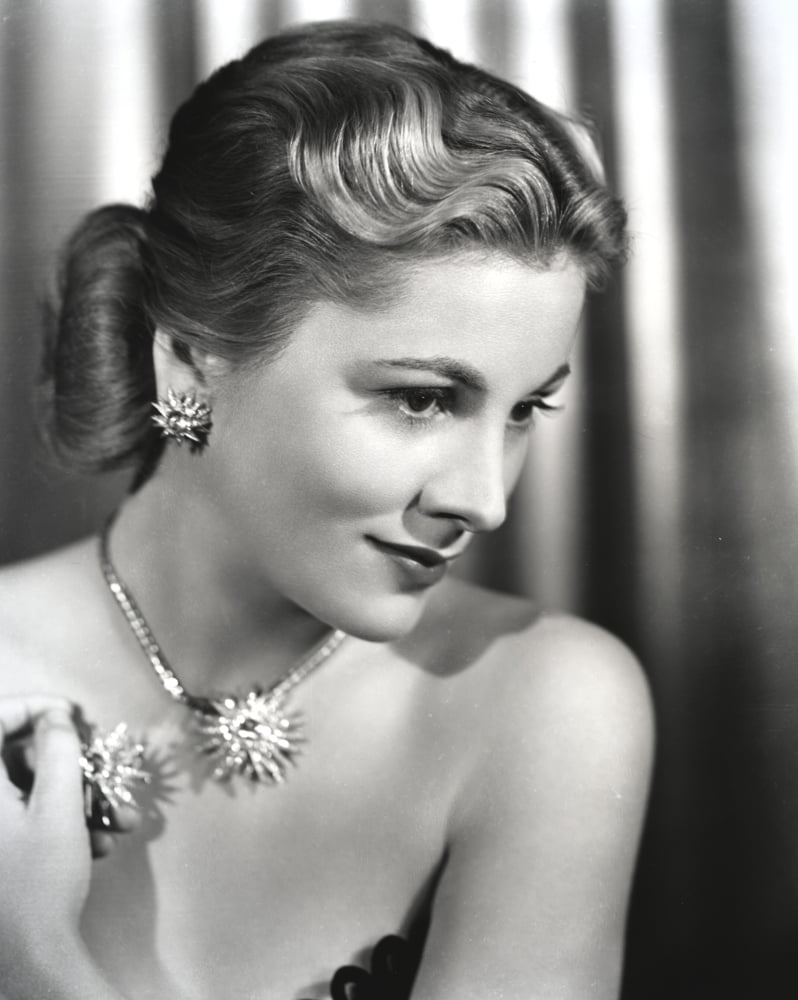 Joan Fontaine photo print featuring matching jewelry in classic Hollywood style.