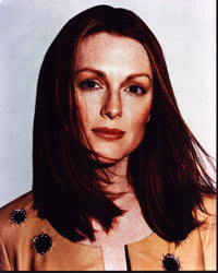 Julianne Moore photo print in tan leather jacket with circle patches