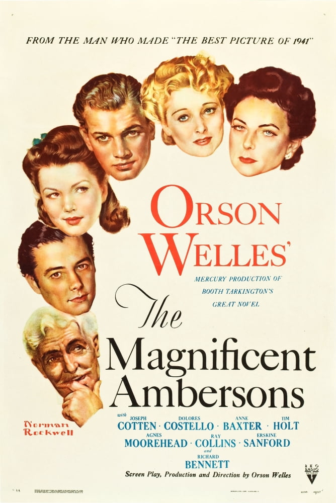 The Magnificent Ambersons movie poster featuring Agnes Moorehead and Joseph Cotten, 1942 classic film art.
