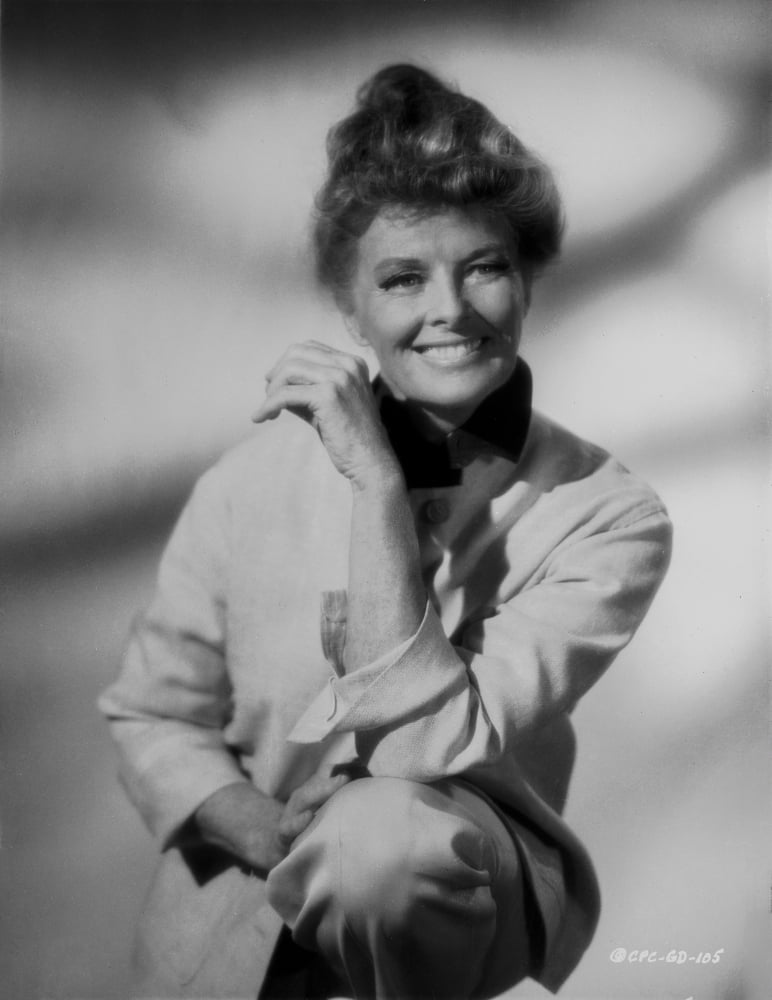 Classic black and white photo print of Katharine Hepburn in a white dress