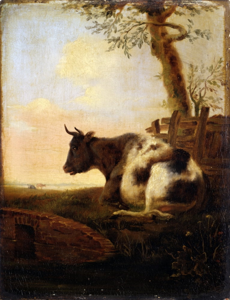 Crouching Cow Poster Print, whimsical animal art for home decor.