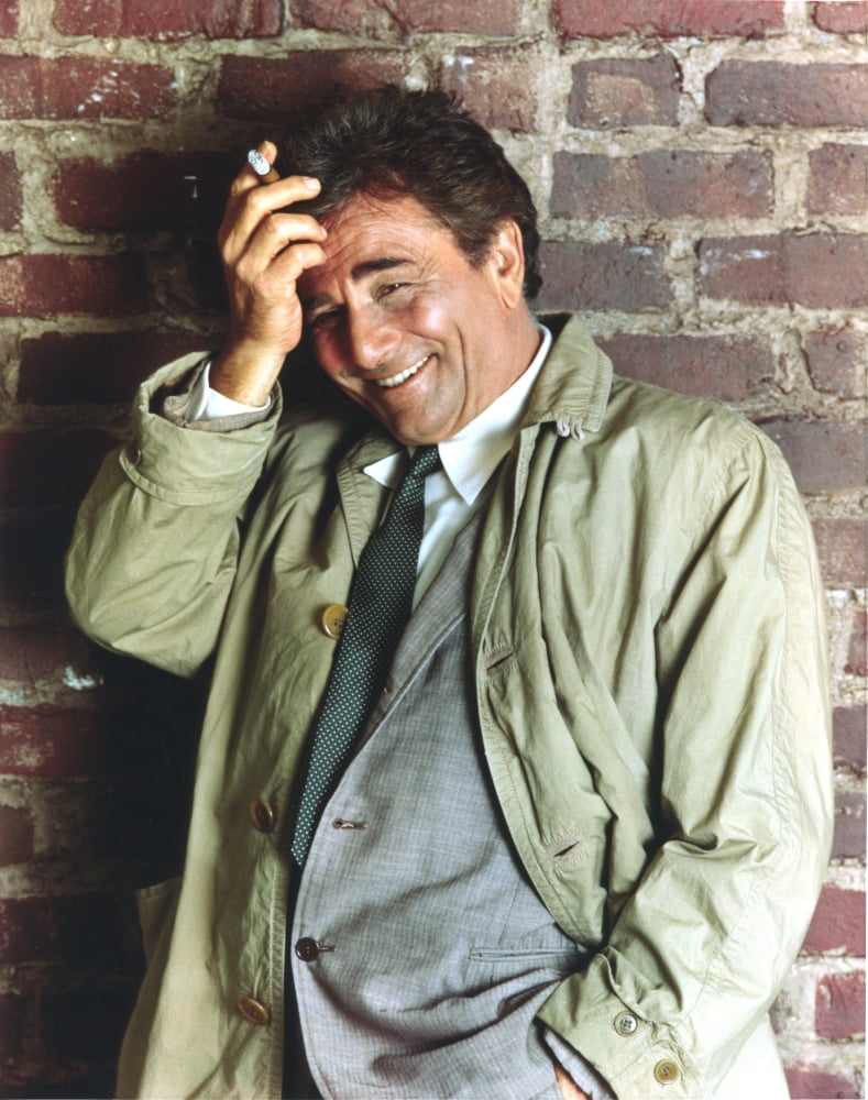 Portrait photo print of Peter Falk smiling in a gray coat