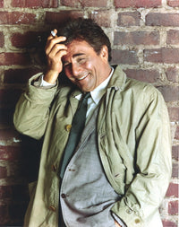 Portrait photo print of Peter Falk smiling in a gray coat
