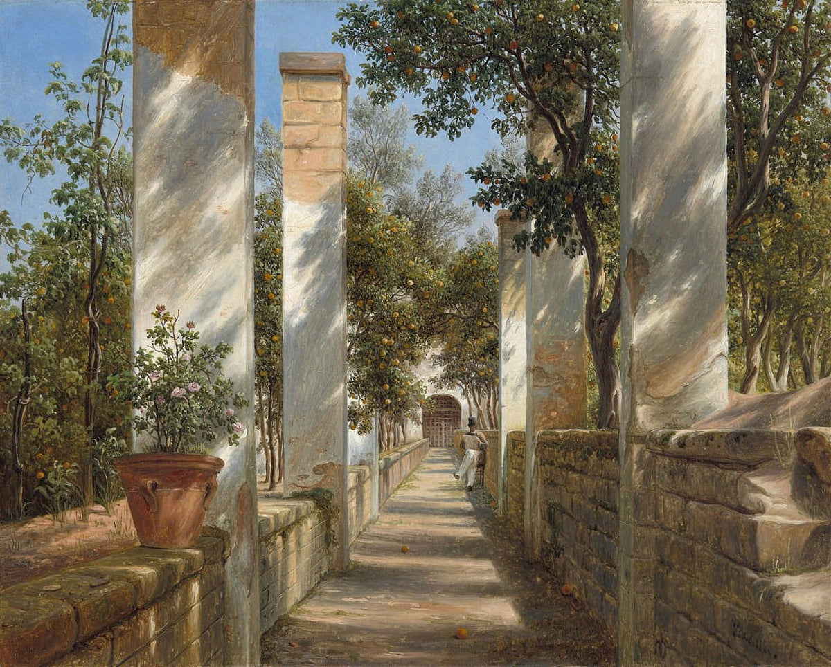 Pergola with Oranges art print by Thomas Fearnley showing vibrant oranges and lush greenery.