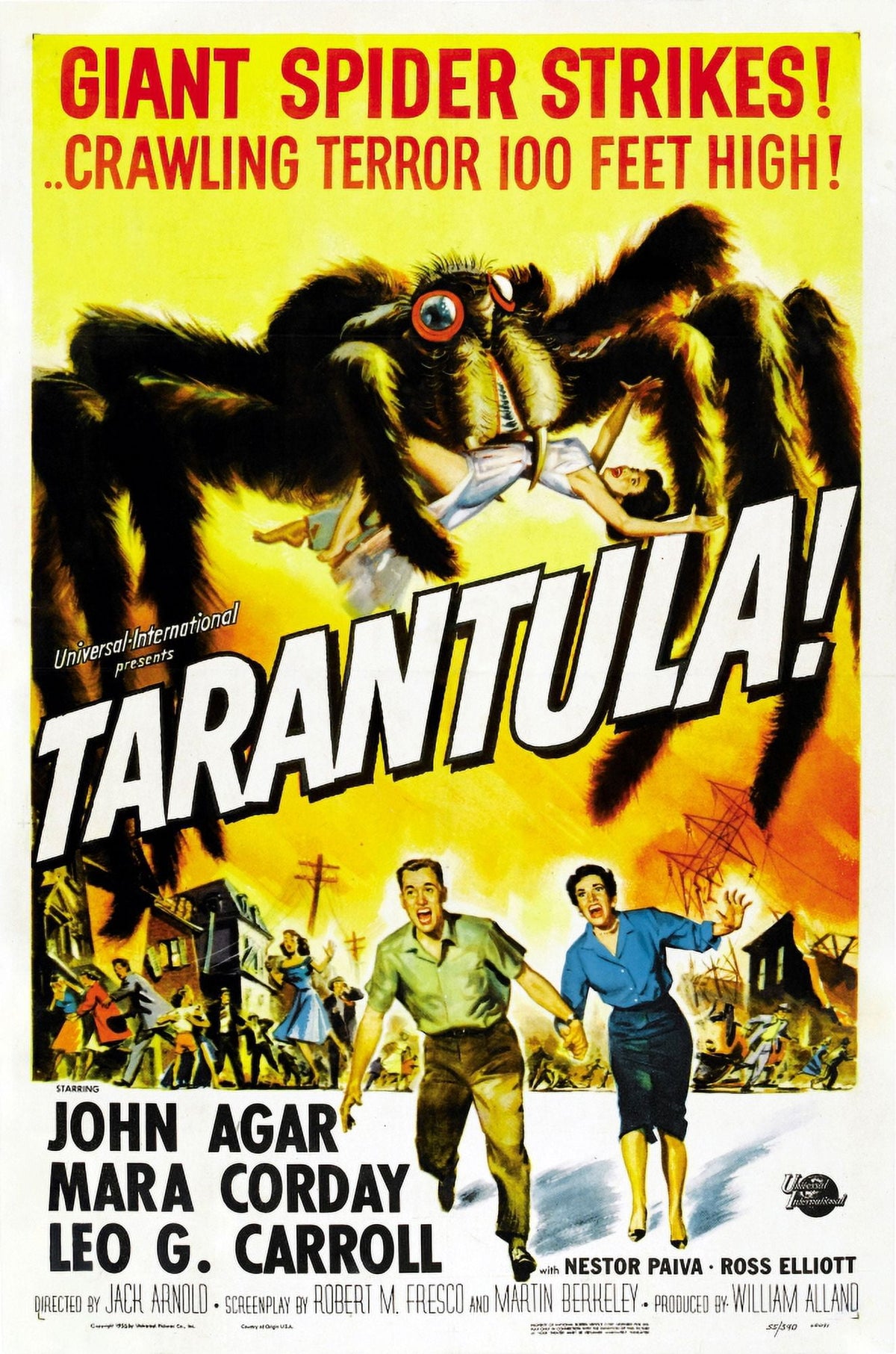Tarantula 1955 movie poster art print featuring John Agar and Mara Corday.