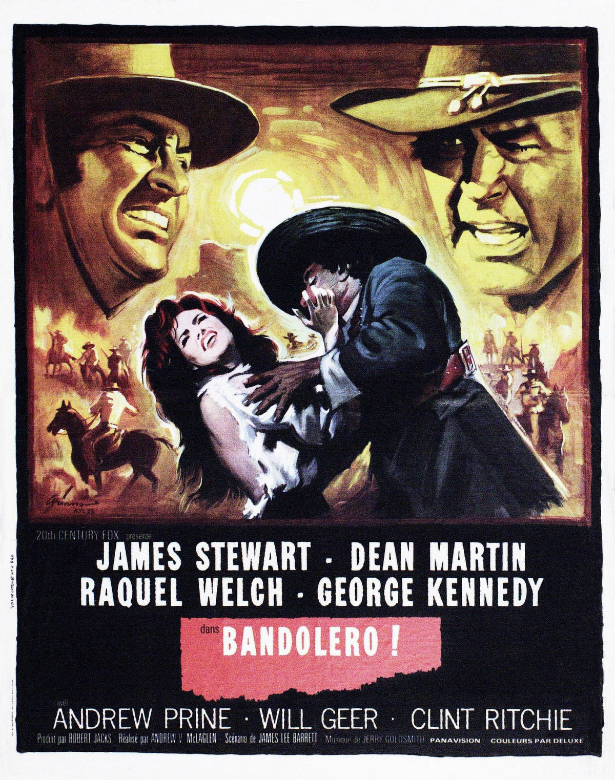 Bandolero movie poster featuring Dean Martin and James Stewart, available in multiple sizes.