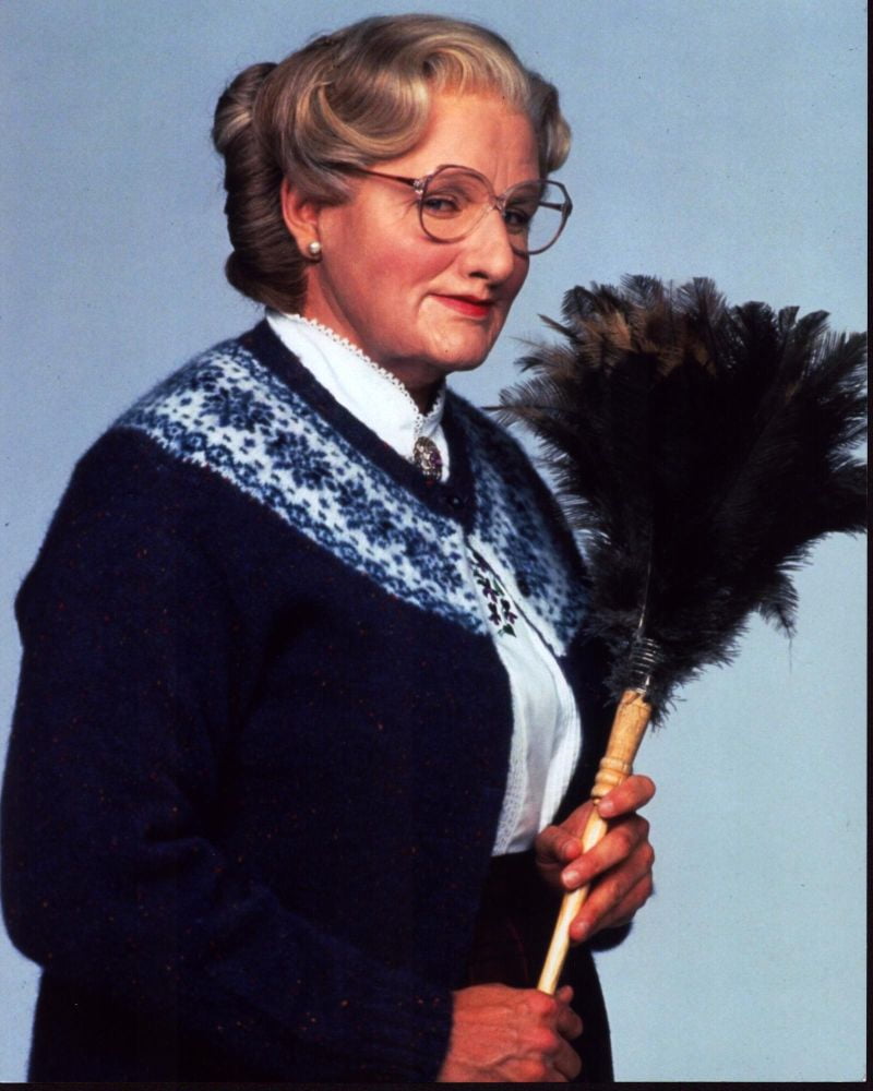 Robin Williams as Mrs. Doubtfire photo print, capturing a classic cinematic moment.