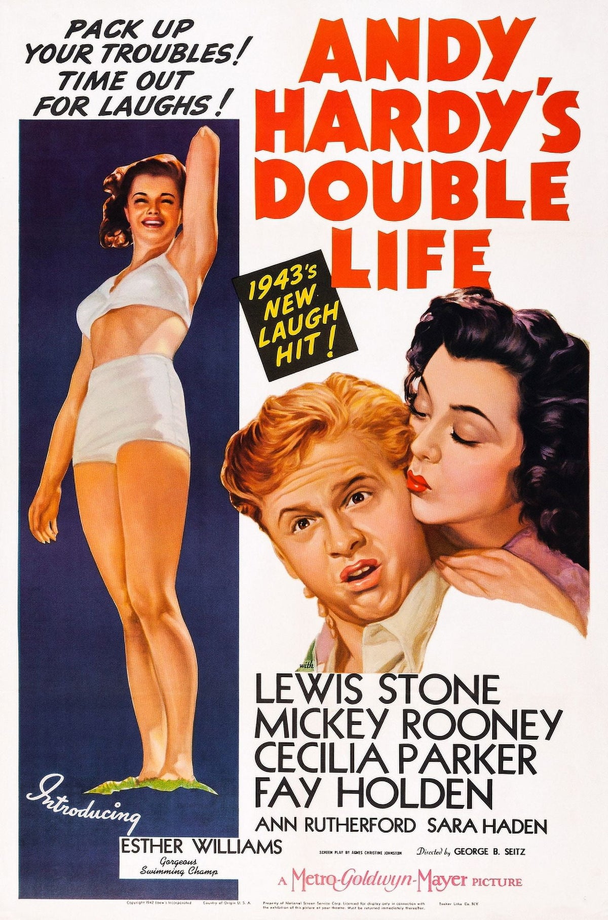 Andy Hardy's Double Life movie poster print featuring Esther Williams, Mickey Rooney, and Ann Rutherford.