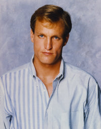 Woody Harrelson portrait photo print in pale blue collar shirt.