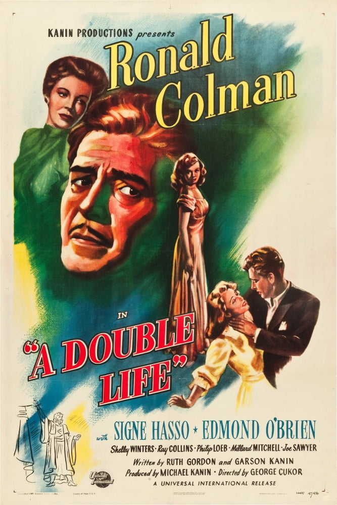 A Double Life movie poster print featuring Signe Hasso, Ronald Colman, and Shelley Winters.