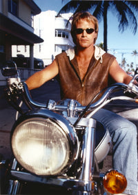 Brian Bosworth motorcycle photo print in brown leather vest.