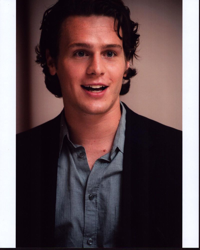 Jonathan Groff photo print in gray shirt and blazer