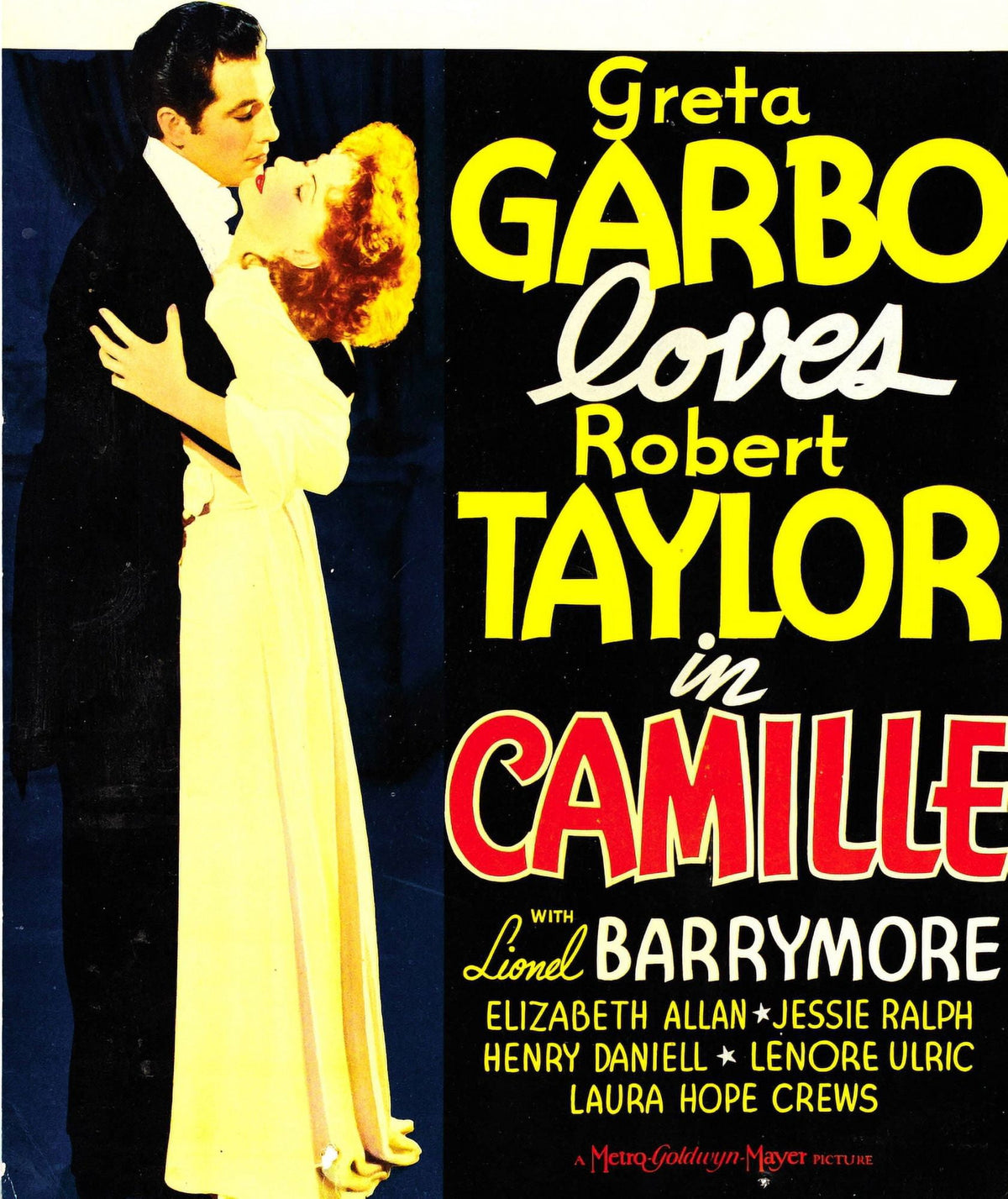 1936 Camille movie poster featuring Robert Taylor and Greta Garbo