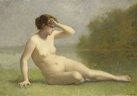 Nymph by L. Nicolas - 1886 Dutch painting print depicting a young woman sitting by the water.