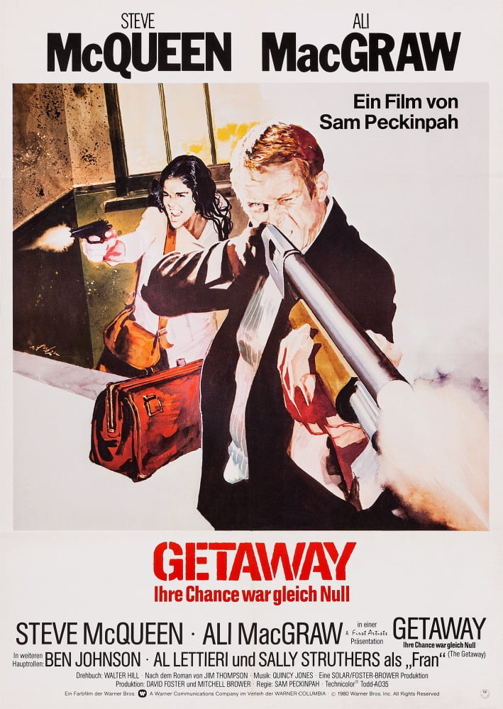 The Getaway movie poster featuring Ali MacGraw and Steve McQueen, 1972 film.