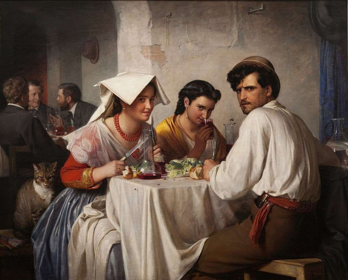 In a Roman Osteria art print by Carl Bloch showcasing a vintage Italian dining scene.