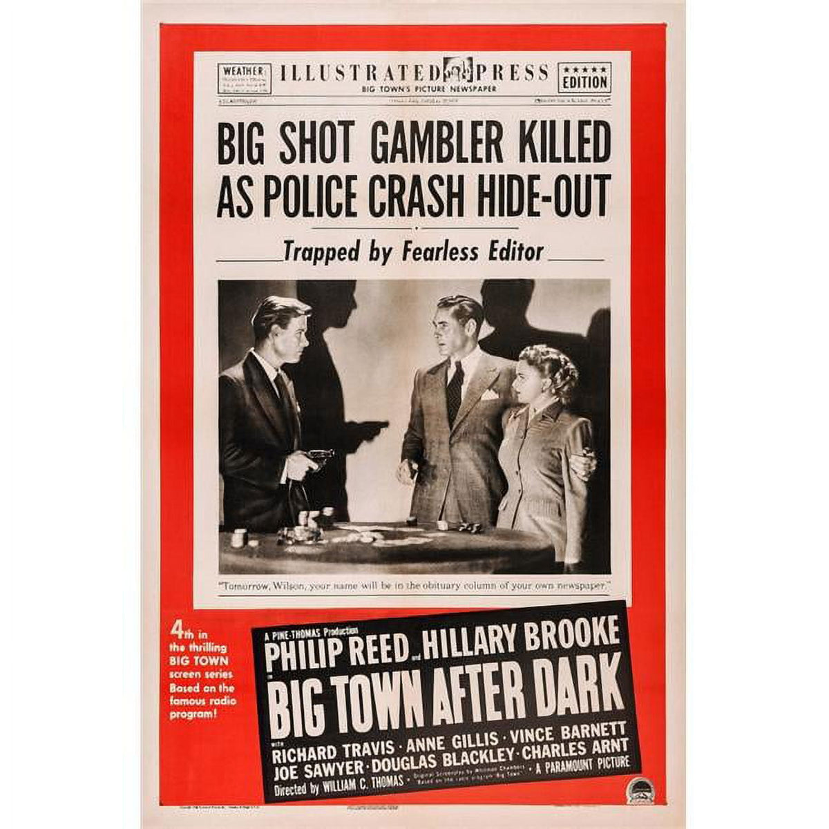 Big Town After Dark 1947 Movie Poster featuring Richard Travis, Phillip Reed, and Hillary Brooke.