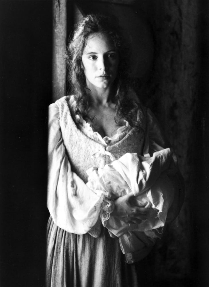 Madeleine Stowe portrait photo print on a black background.