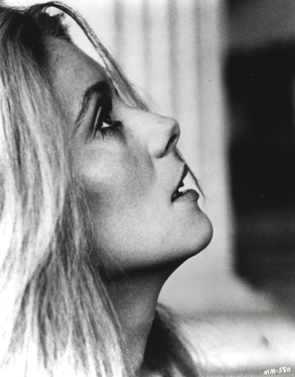 Close-up black and white portrait photo print of Catherine Deneuve.